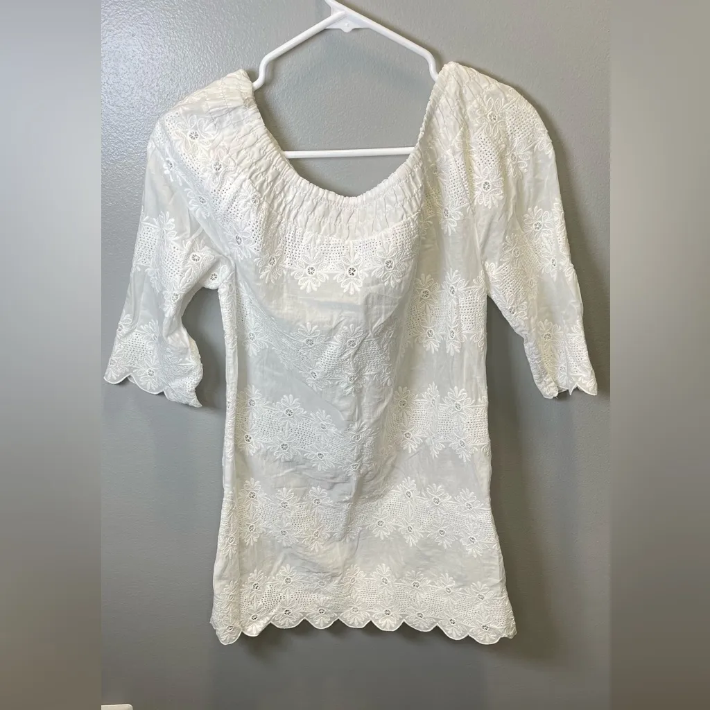 Vineyard Vines White Eyelet Blouse Women's‎ Half Sleeve Scalloped Top Size XS - Image 2
