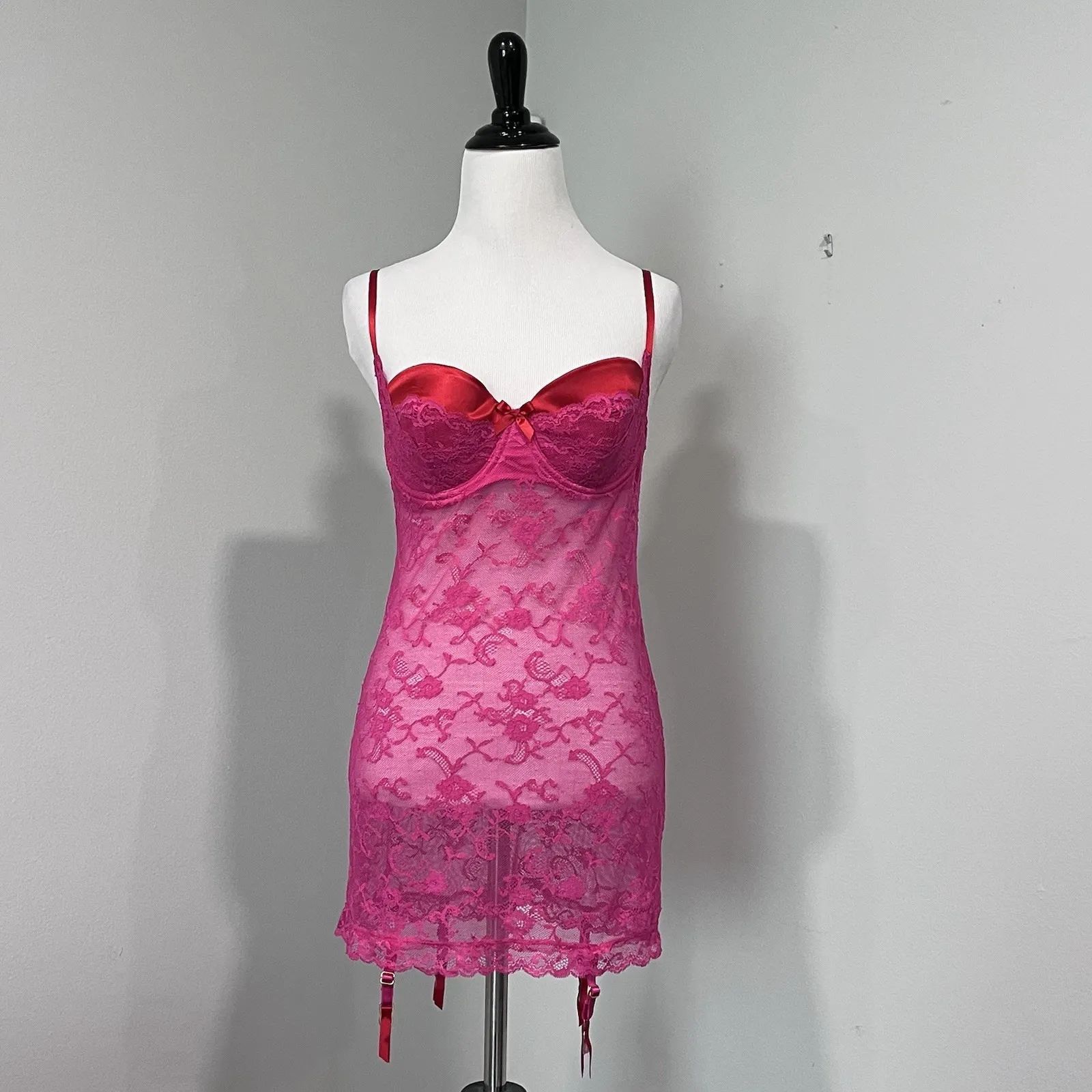 Victorias Secret Lace Bra Garter Slip‎ Dress 36C Y2K Red Pink Lingerie Chemise - Image 3
