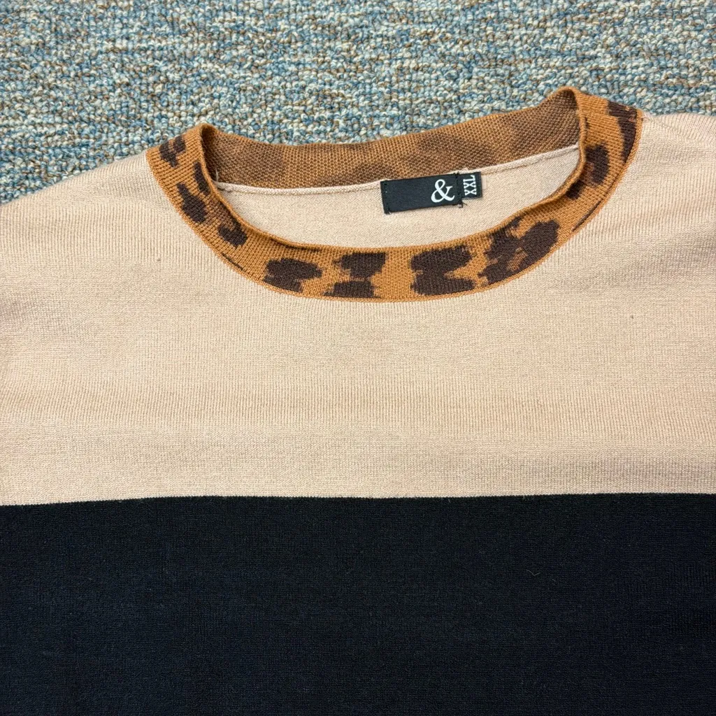 Ampersand Ave Graham Sweater Leopard Collar Colorblock Split Hem 2XL Plus Size Black Size XXL - Image 4