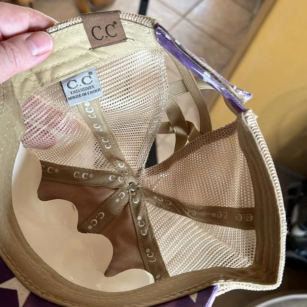 NWT American Flag Criss Cross Ponytail Hat Tie Dye Purple Star Print - Image 7