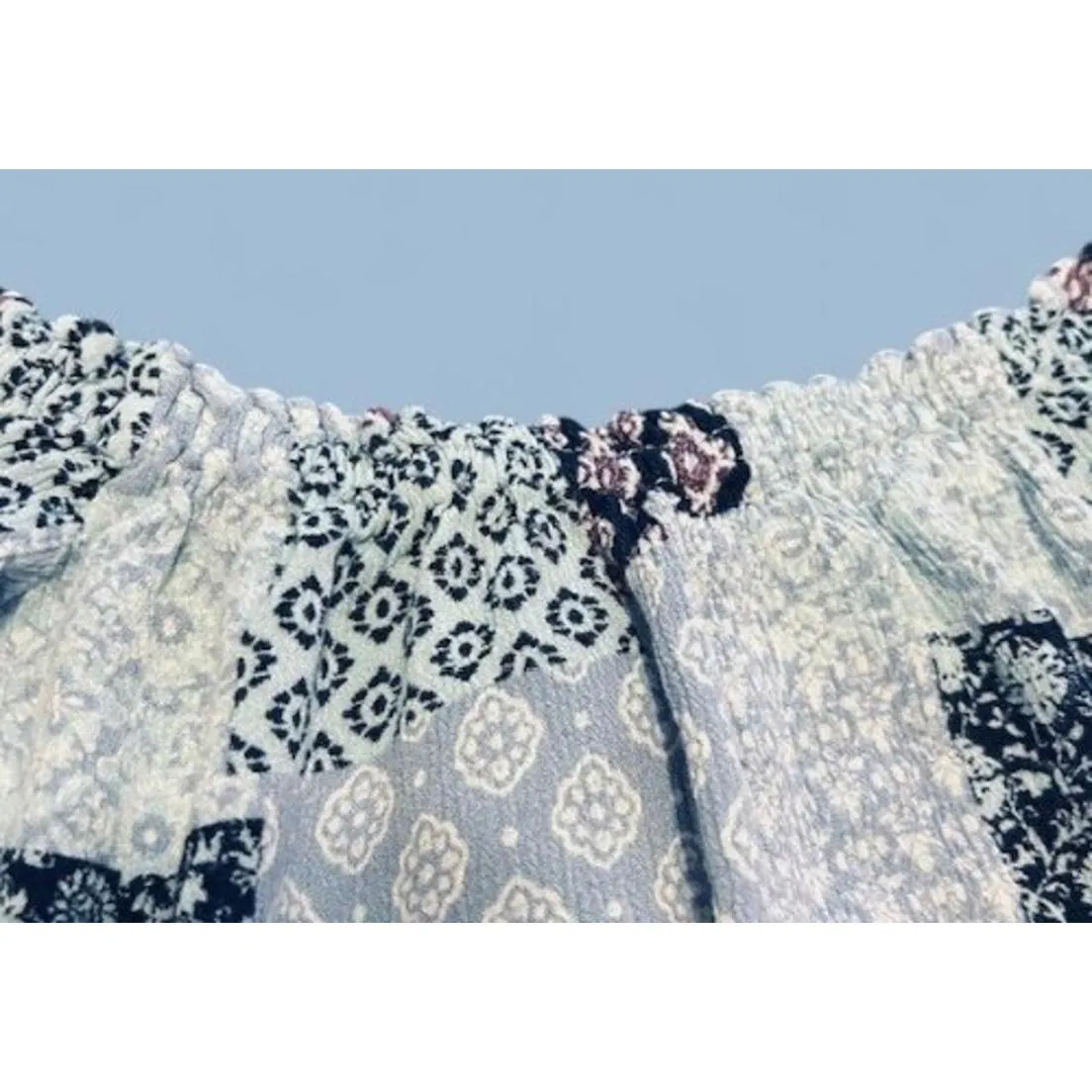 Dainty Hooligan Peasant Crop Top XS Blue Patchwork Boho‎ Lace Up Back Flowy - Image 3