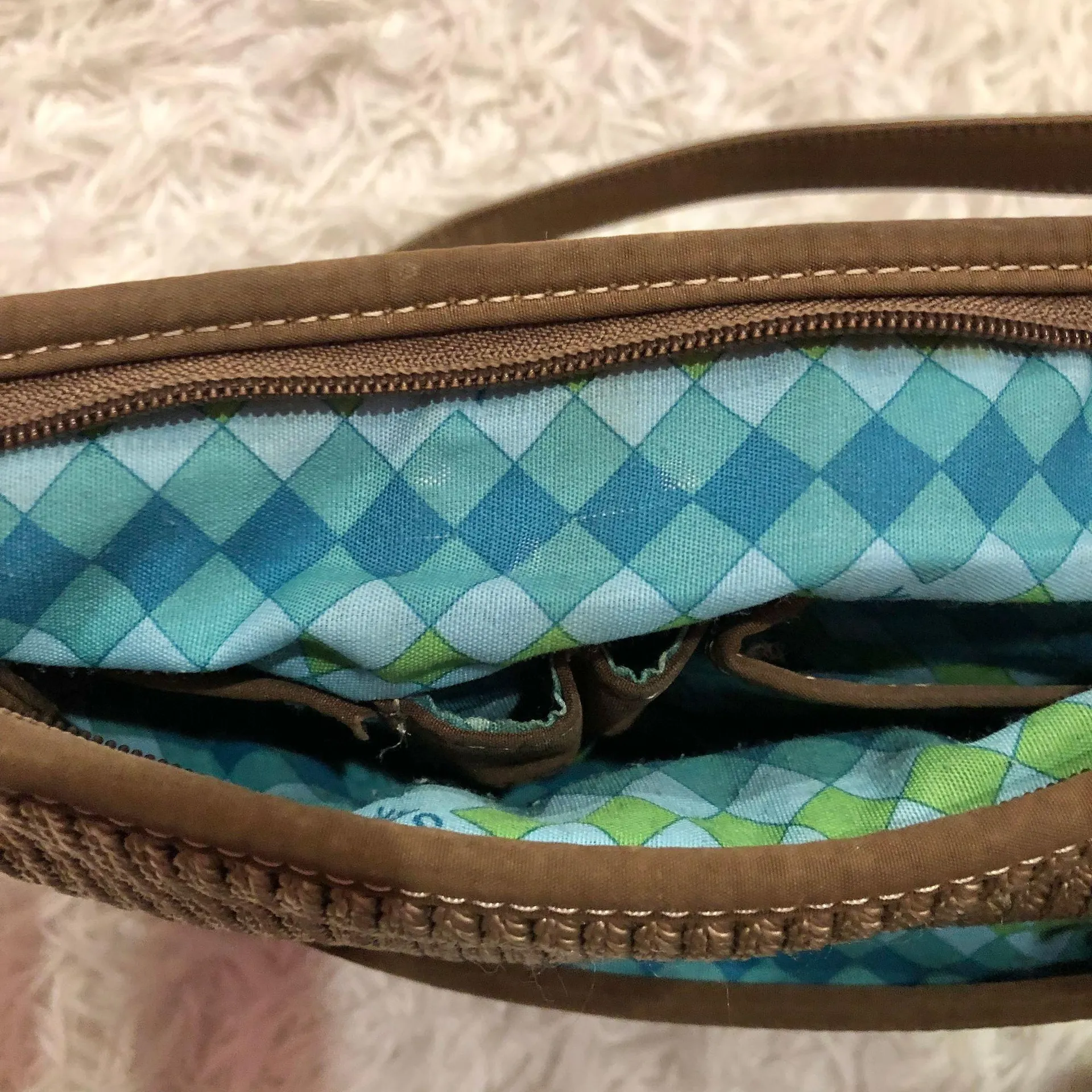 Woven Crochet Hobo Bag Tan Beige Plaid Lining - Image 8