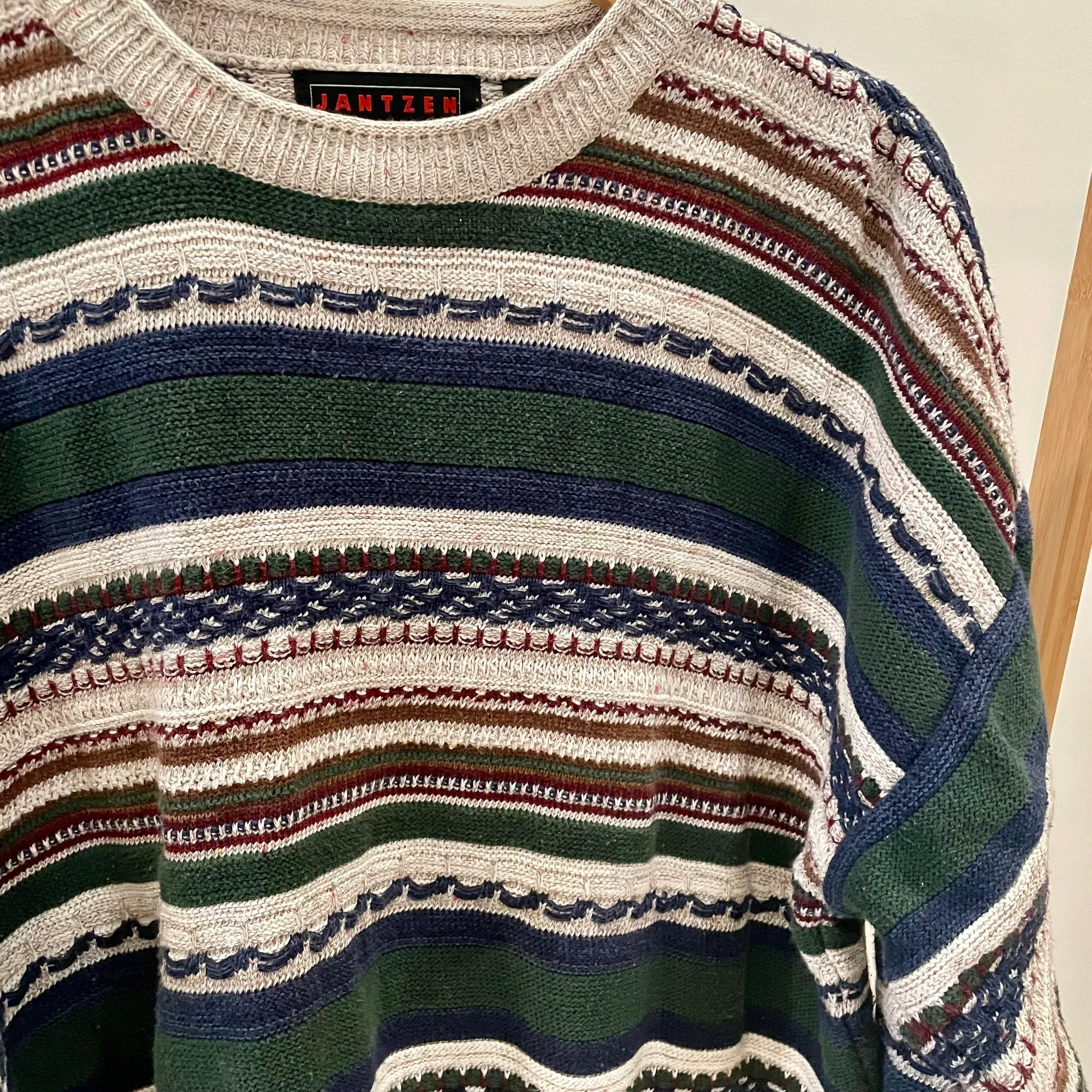 Vintage Coogi Style Textured Striped Abstract Crewneck Sweater in Forest Green/Beige Green Size XL - Image 3