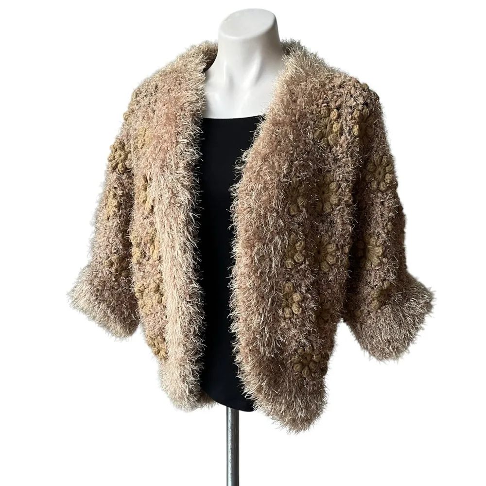 Talk Of The Walk Chunky Knit Crochet Inset Open Front Sweater Cardigan, Sz M Gold Size M - Image 5