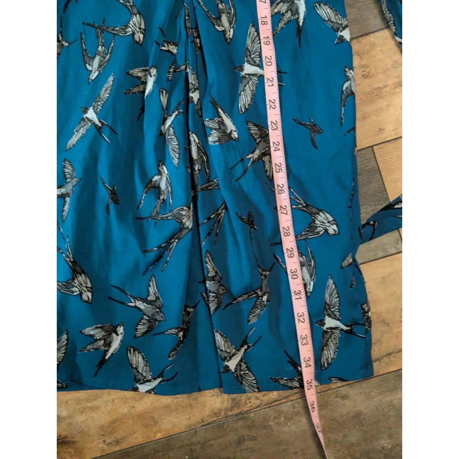 YUMI Swallow Bird Print Ruched Midi Dress Teal Blue Size US 2/4 - Image 8