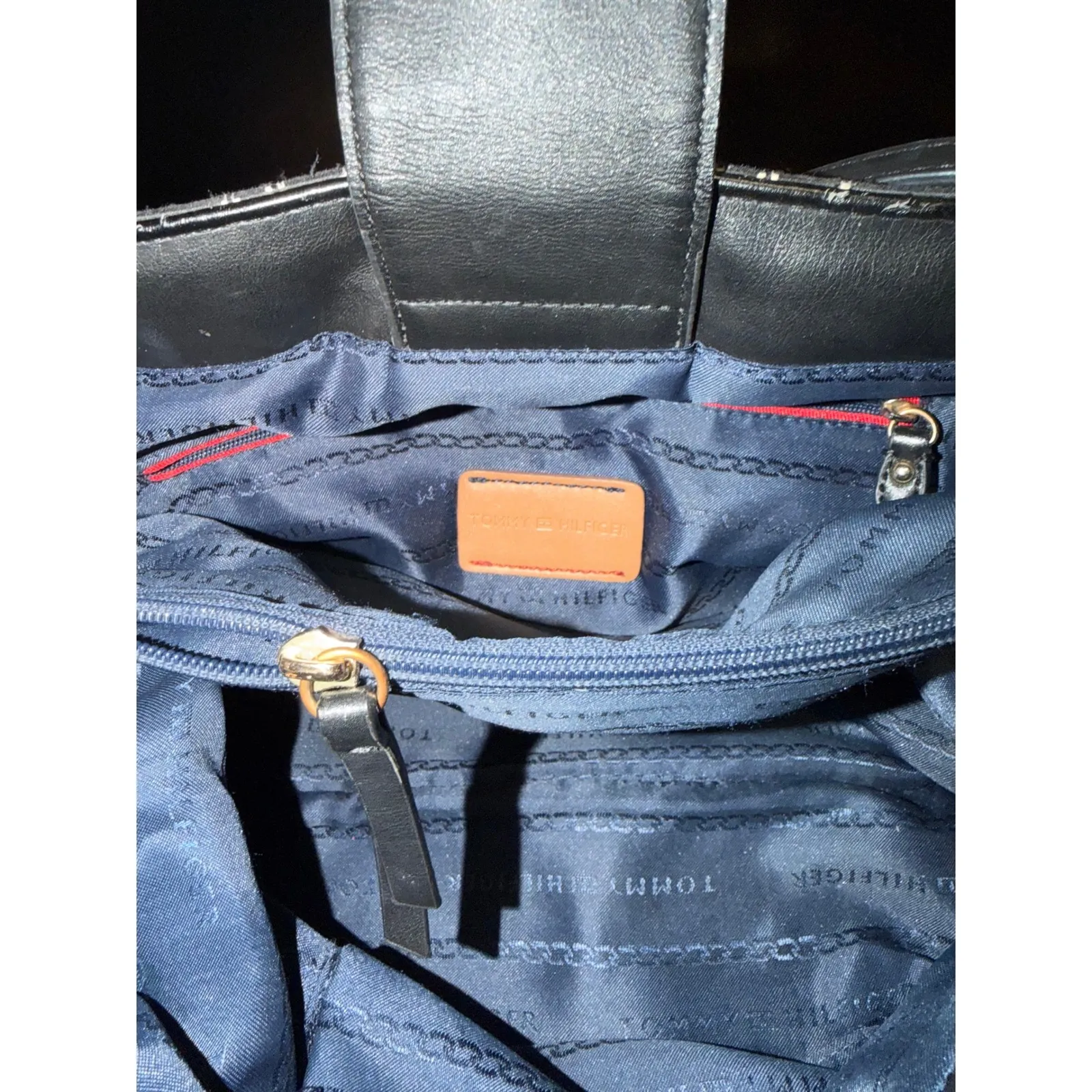 Tommy Hilfiger Tote Bag Black White Monogram Canvas Leather Straps - Image 11