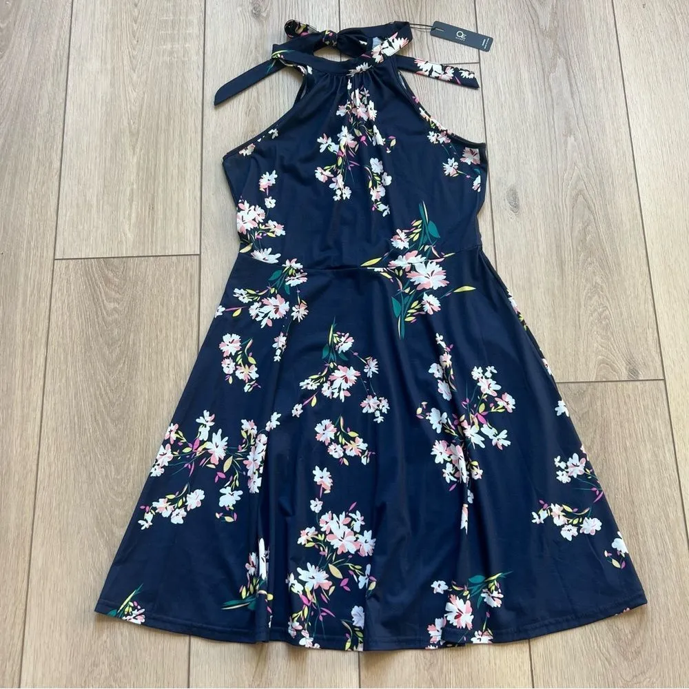 NEW Halter Neck Summer Sleeveless Casual Beach Dress Medium Navy Pink Floral Blue - Image 7
