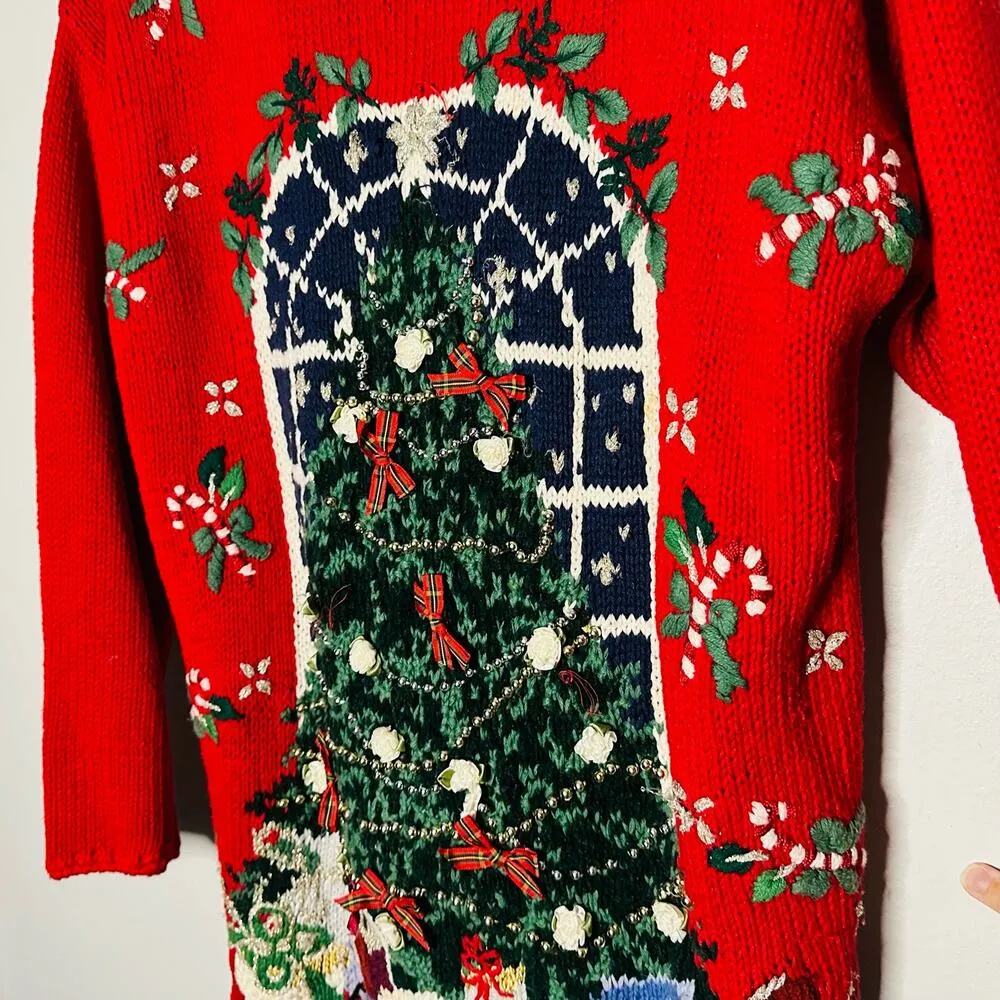 Vintage 90s Metropolitan New York Red Ugly Tree Bows Candy Cane Sweater Size S - Image 6