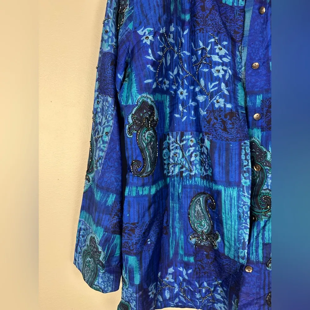 Vntg Chico's Design Silk Raw Blue Paisley Beaded Button Up Jacket Blouse Sz 1 - Image 2