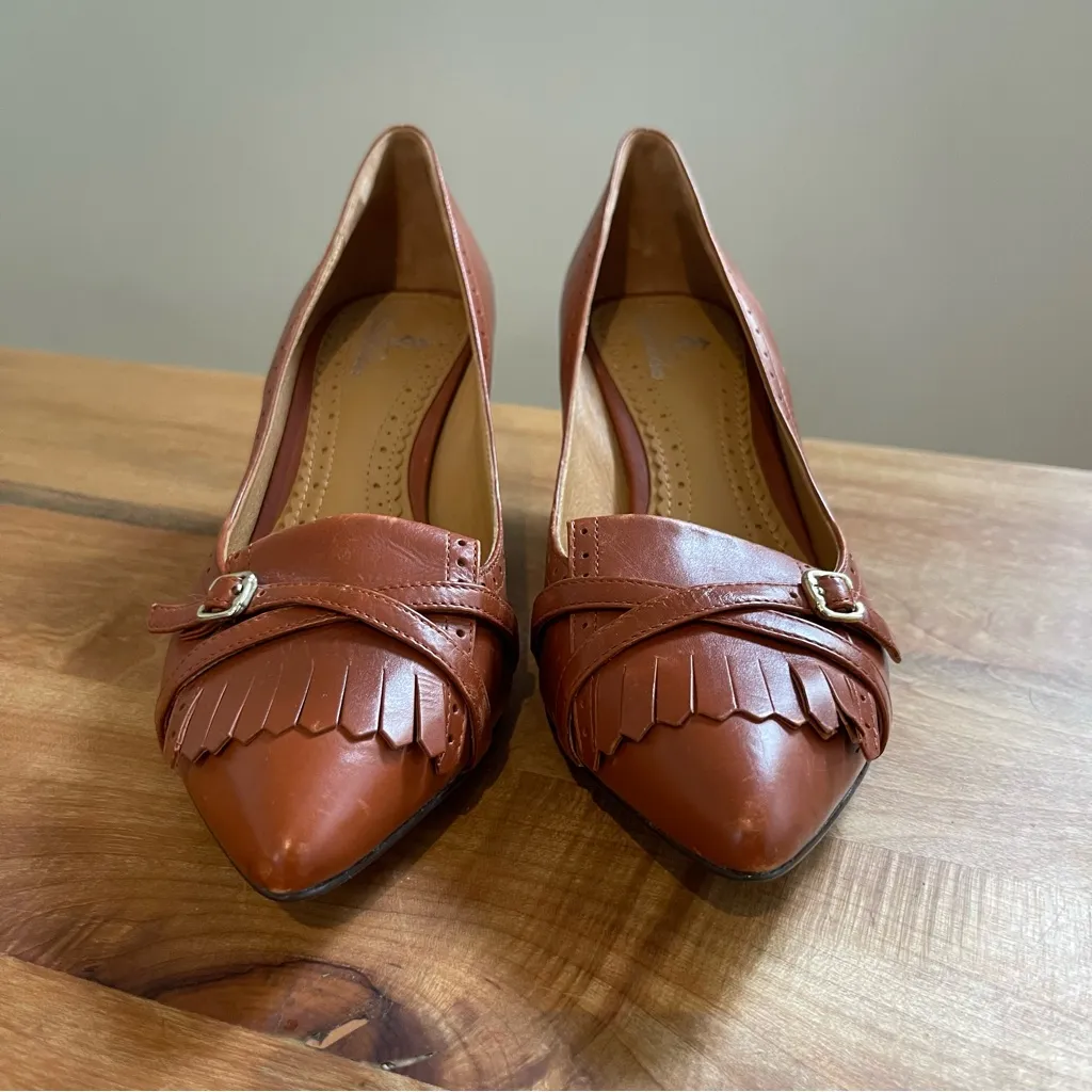 NWOB Brooks Brothers Brown Leather Kitten Heel Pumps Buckle Pointed Slip On 7 - Image 6