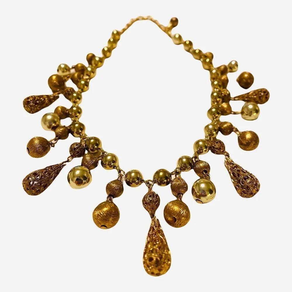 Vintage 50s Lisner Gold Tone Etruscan Revival Dangling Filgree Choker Necklace - Image 7