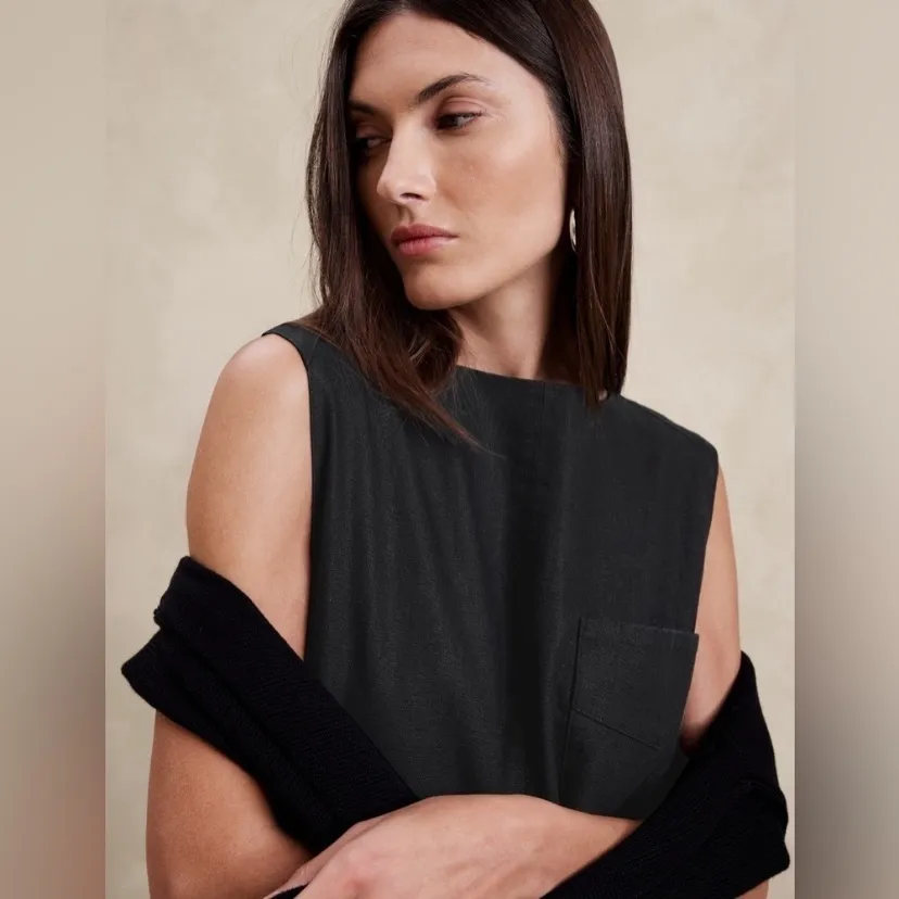 Banana Republic Black Hemp Cotton Shift Tank Boxy Pocket Dress Size XS petite - Image 8