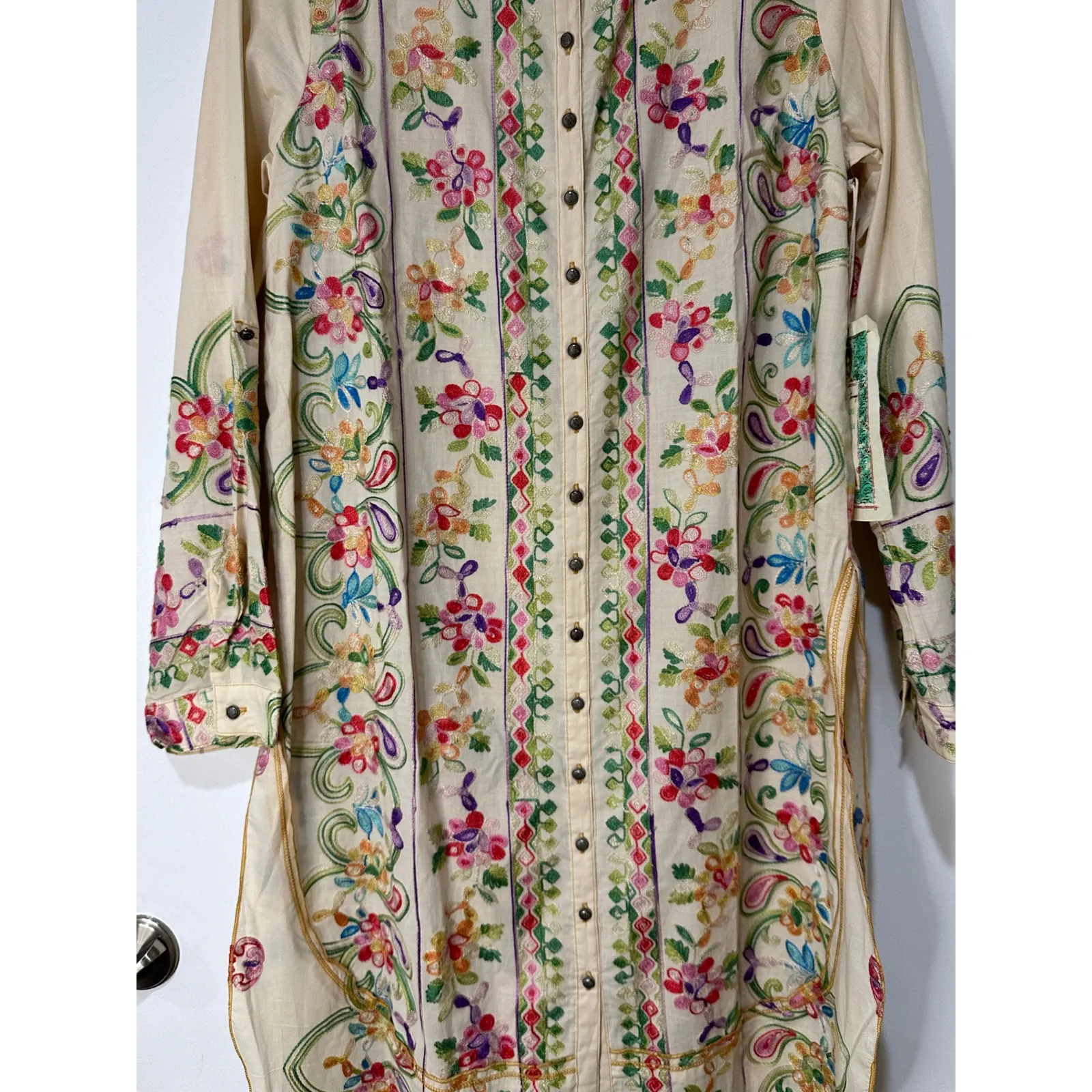 Aratta Silent Journey Collection Midi Dress Large NWT Cream Embroidered Florals Green - Image 6