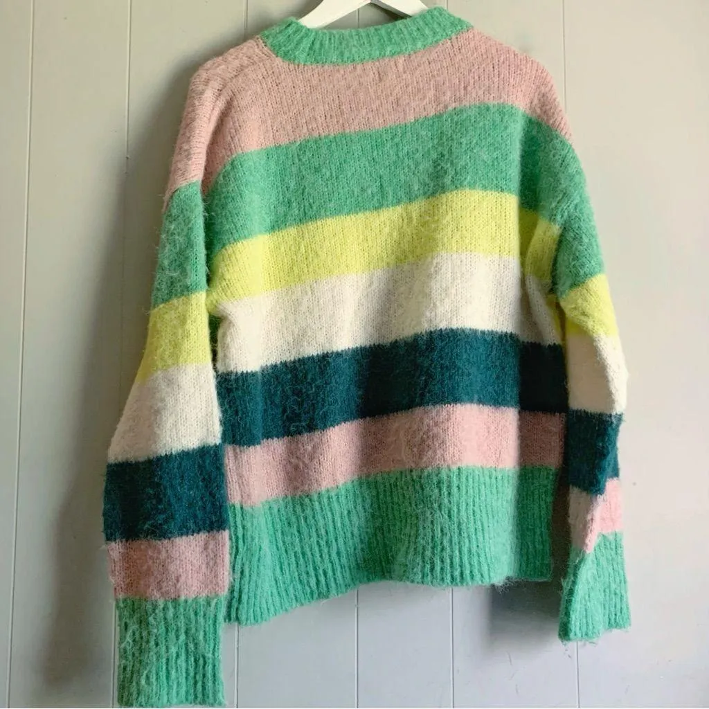 A new day Fuffy Striped Green & Pink Mock Neck Sweater L - Image 2