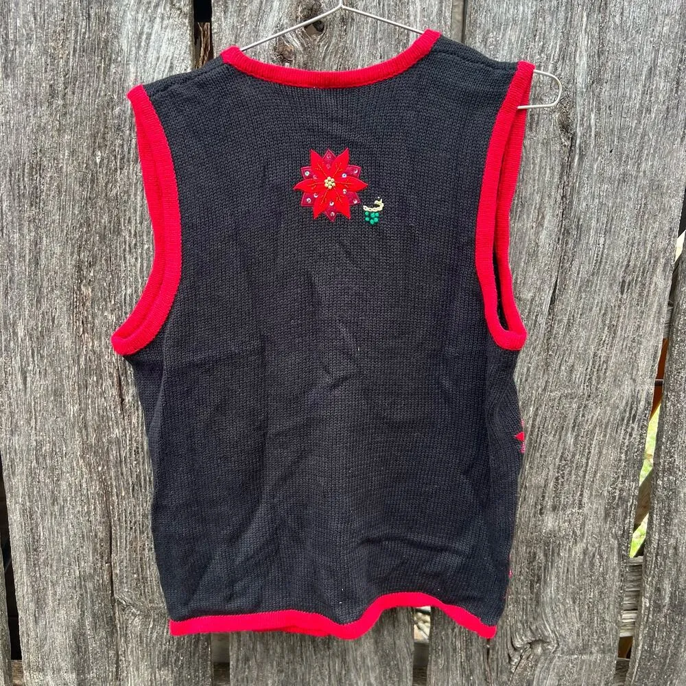 Vintage 90s Bobbie Brooks Ugly Christmas Poinsettia Bead Sequin Sweater Vest MED - Image 3