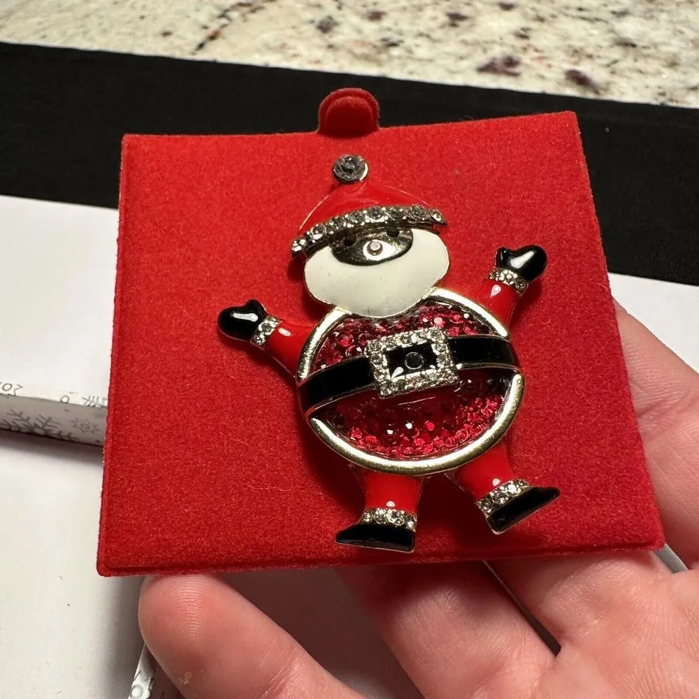 Santa Claus Christmas Holiday Red Gold Tone / Rhinestone Brooch Pin NWT With Box - Image 6