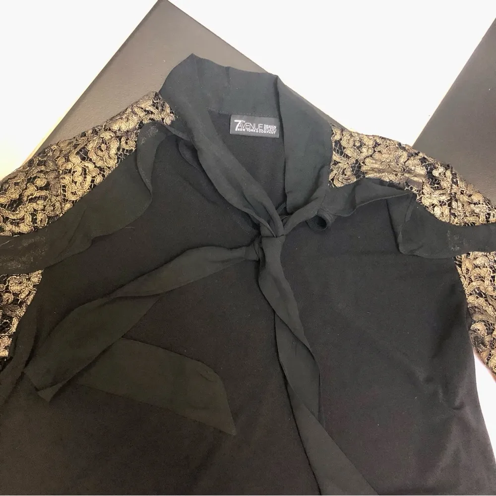 7th Avenue New York & Company Black Blouse Gold Lace Long Sleeves Neck Tie Large Multiple - Image 3