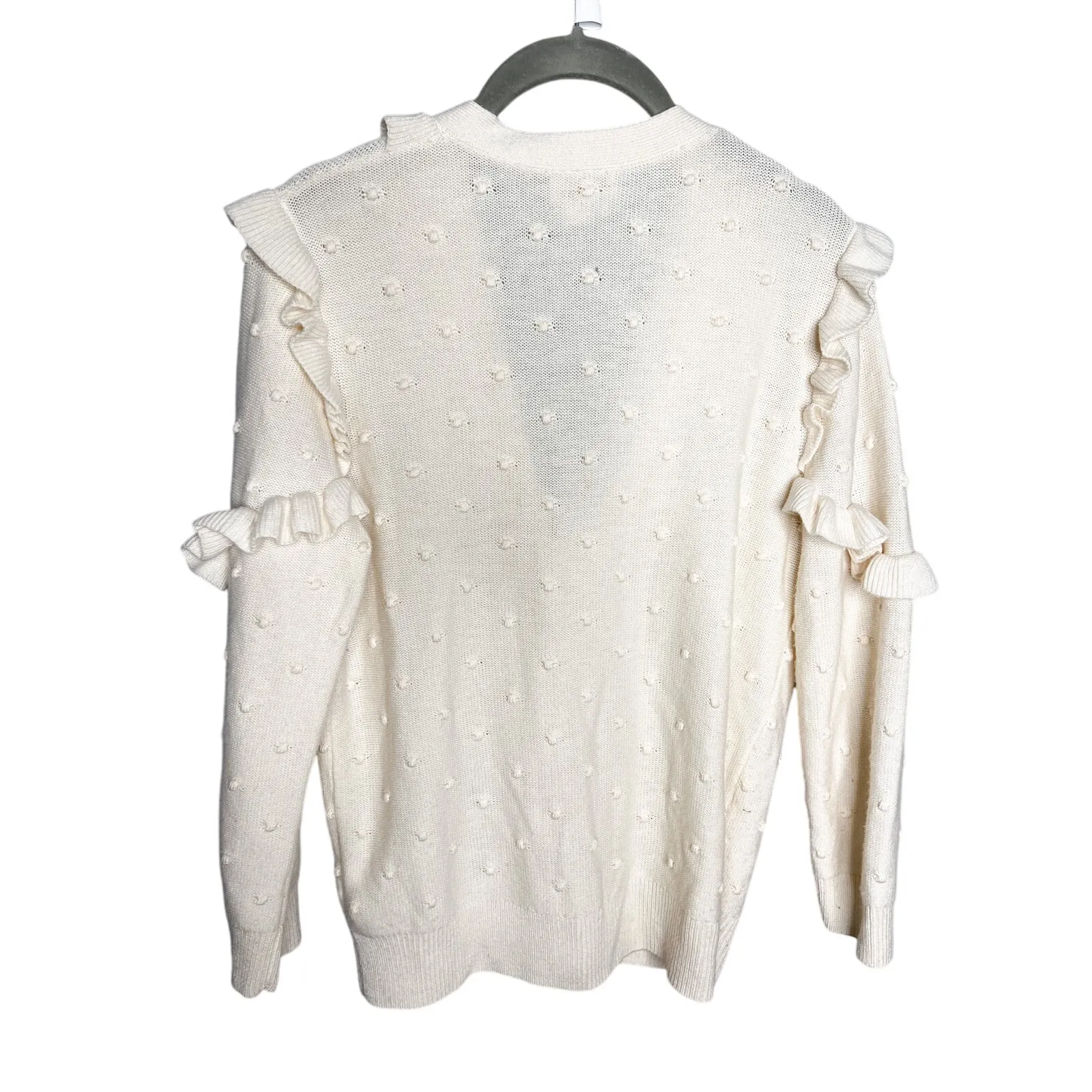 Kate Spade Wool Blend Ruffle Cardigan Sweater Cream Pom Bobble‎ Knit Small - Image 9