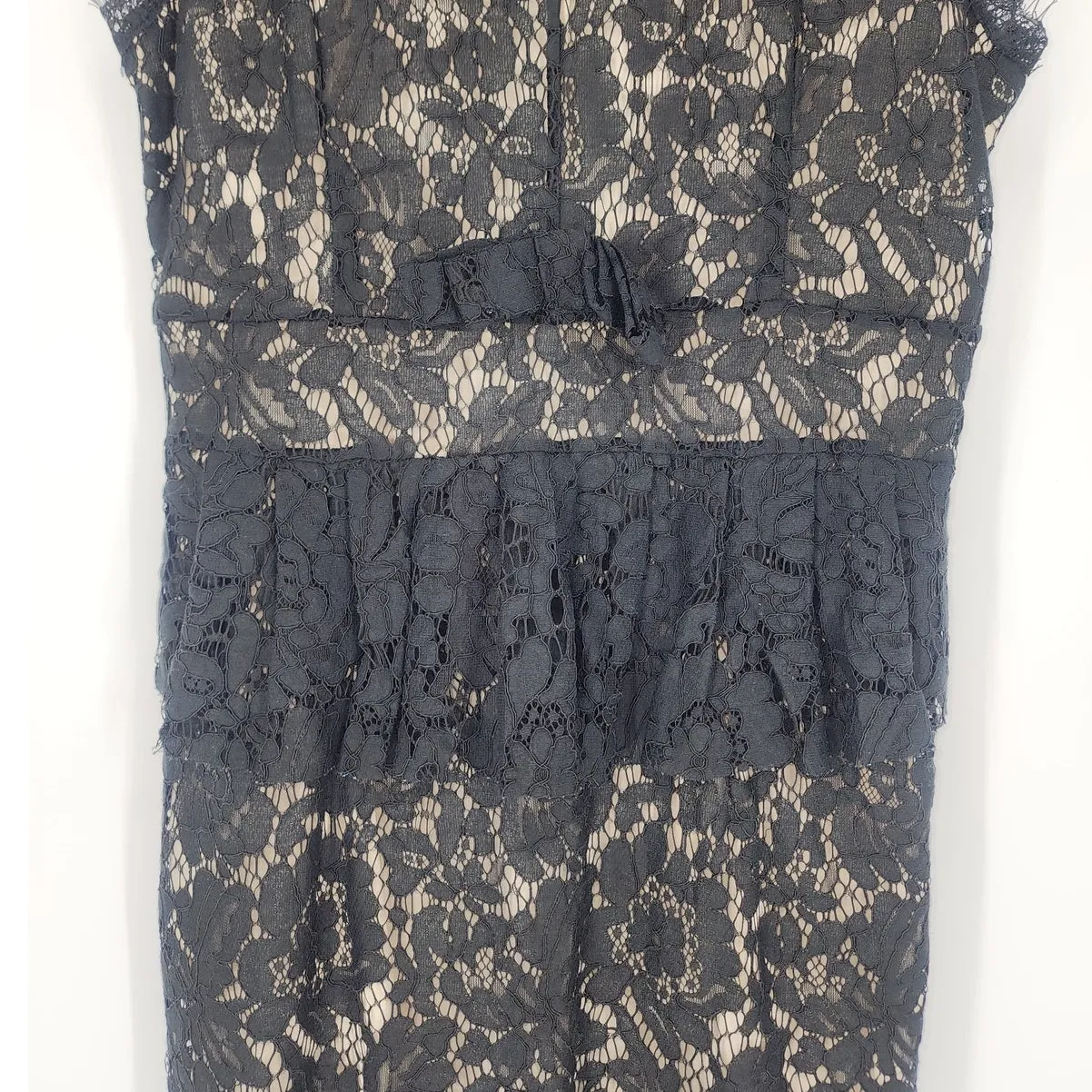 Metisu Black Lace Overlay Sheath Dress with Ruffle & Bow Women’s Size Small - Image 5