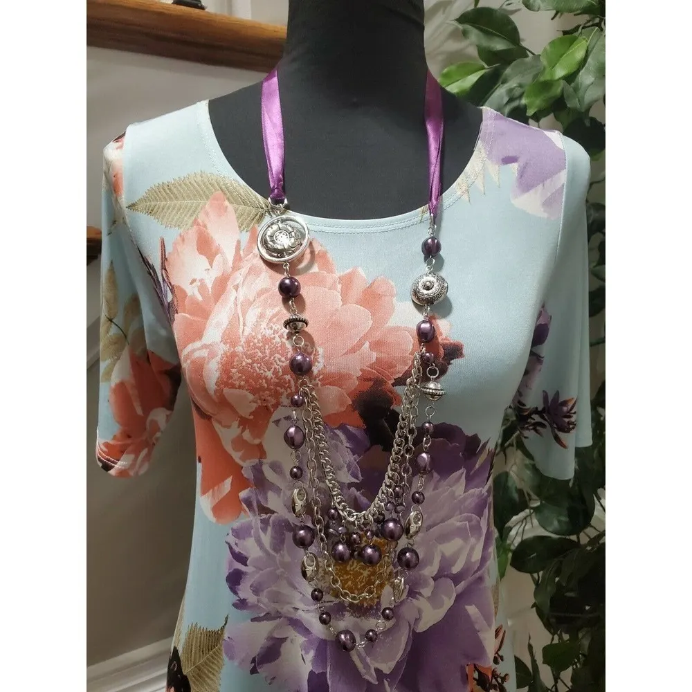 Multicolor Women's Floral Polyester Half Sleeve Scoop Neck Knee Length Dress S - Image 2