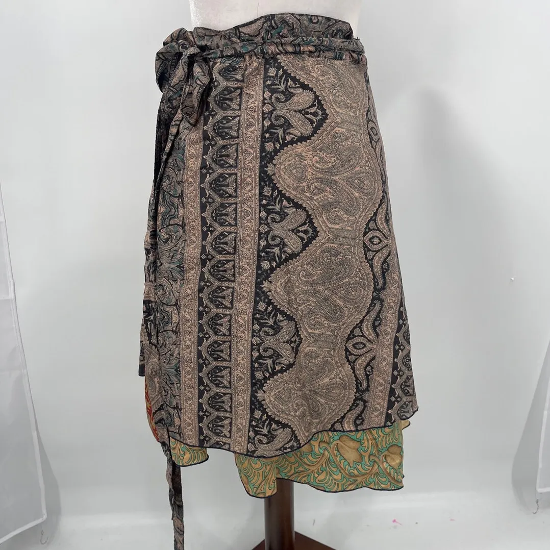 Silk Blend Ethnic Reversible Wrap Skirt OS Festival Hippie Patchwork Boho Y2K - Image 6