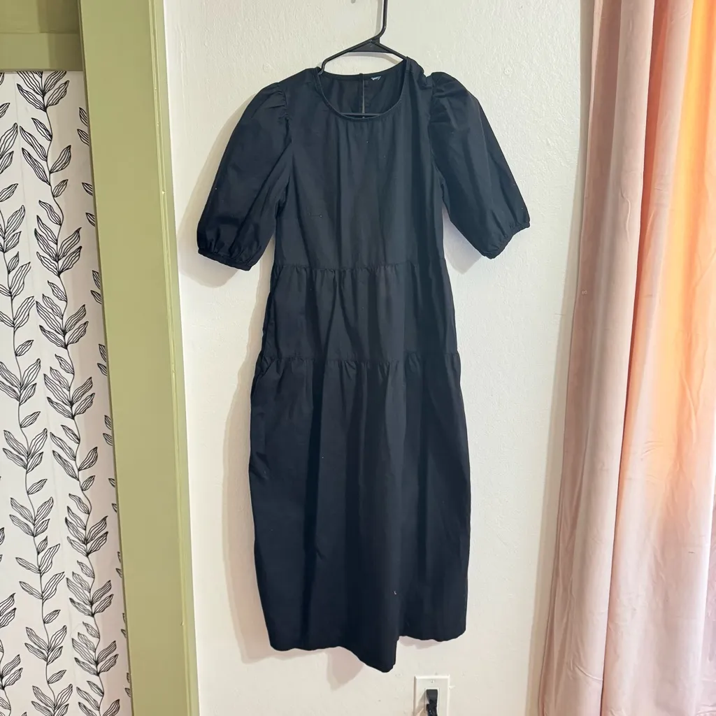 Old Navy Poplin Midi Dress Black Tiered Puff Sleeves Cotton Popover S - Image 3