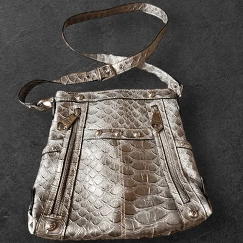 Y2K Vintage Genna De Rossi Women Silver Gator Print Studded Crossbody Bag Exotic - Image 7