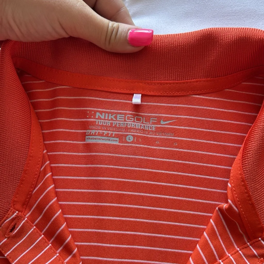 Nike Polo T Shirt Womens Large Orange White Striped Golf Tour Performance Logo - Image 2