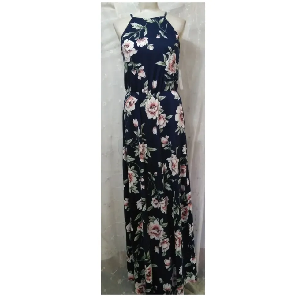 New FRENCH GREY Stitch Fix Size‎ Medium ZOE Maxi Dress Halter Neck Floral Navy - Image 2