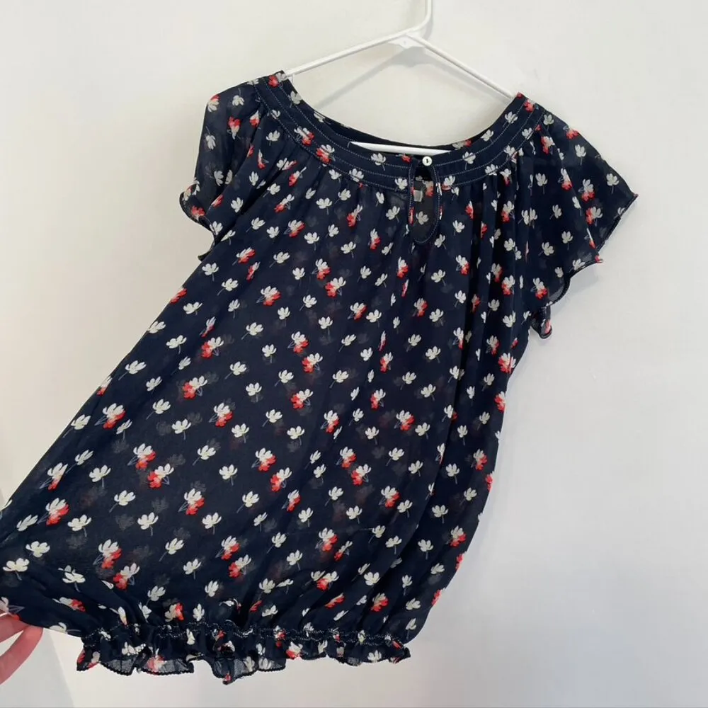 MAX STUDIO Bubble Hem Blouse Navy Blue White Coral Red Floral Short Sleeve Boho - Image 9