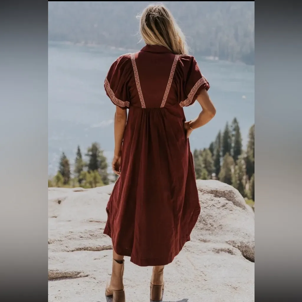 Free People Samantha Embroidered Puff Sleeve Button Front Maxi Dress Medium - Image 16