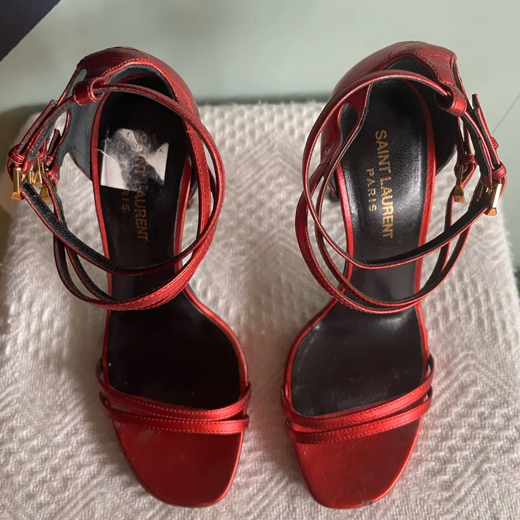 Saint Laurent / YSL Strappy Heeled Sandals, Metallic Rouge Orient, Size 37 - Image 5