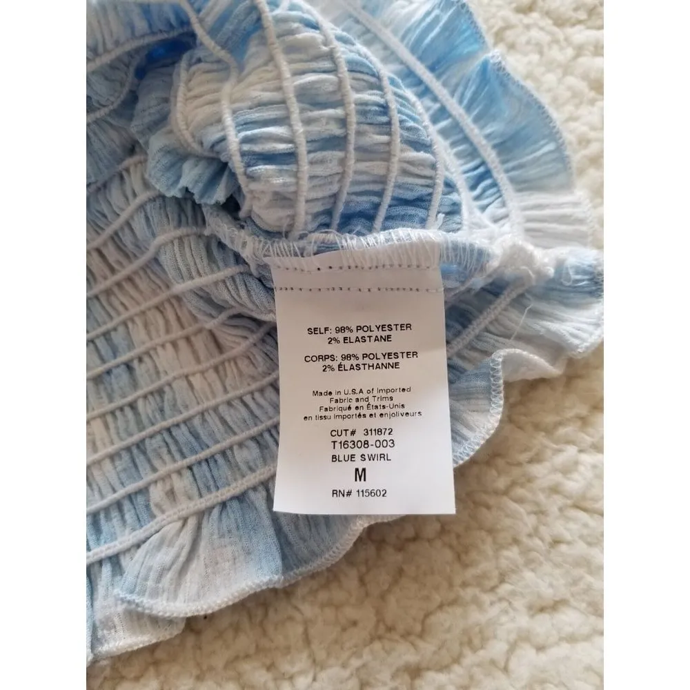 LUSH Crop Top Women's Blue Swirl Smocked Cap Sleeve Square Neck Ruffle Size M - Image 7