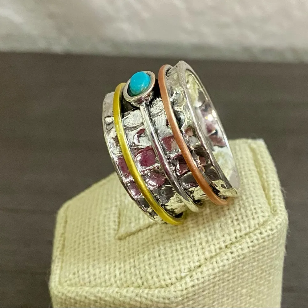 Silver Multi Metals Turquoise Ring Size 10 - Image 2