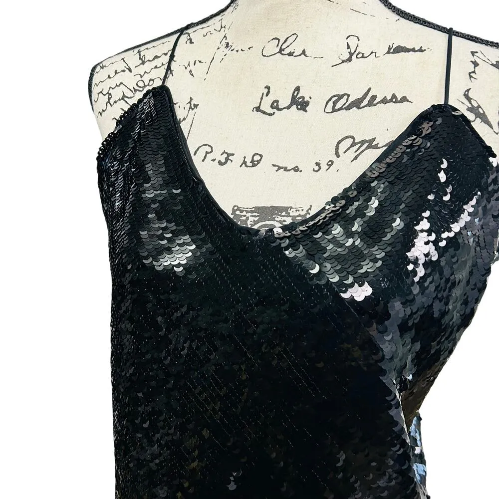 Express Black Sequin Blouse Cropped Sleeveless Spaghetti Strap V-Neck Large Glam - Image 2