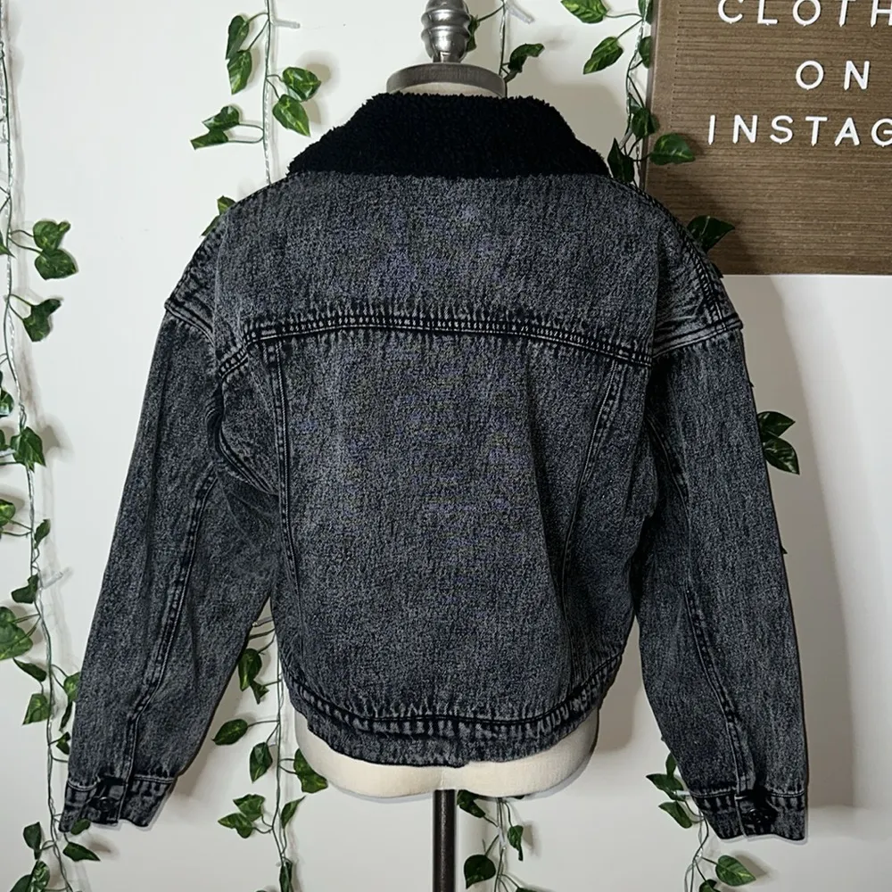 Sherpa Lined Black Acid Washed Denim Jacket - Image 4
