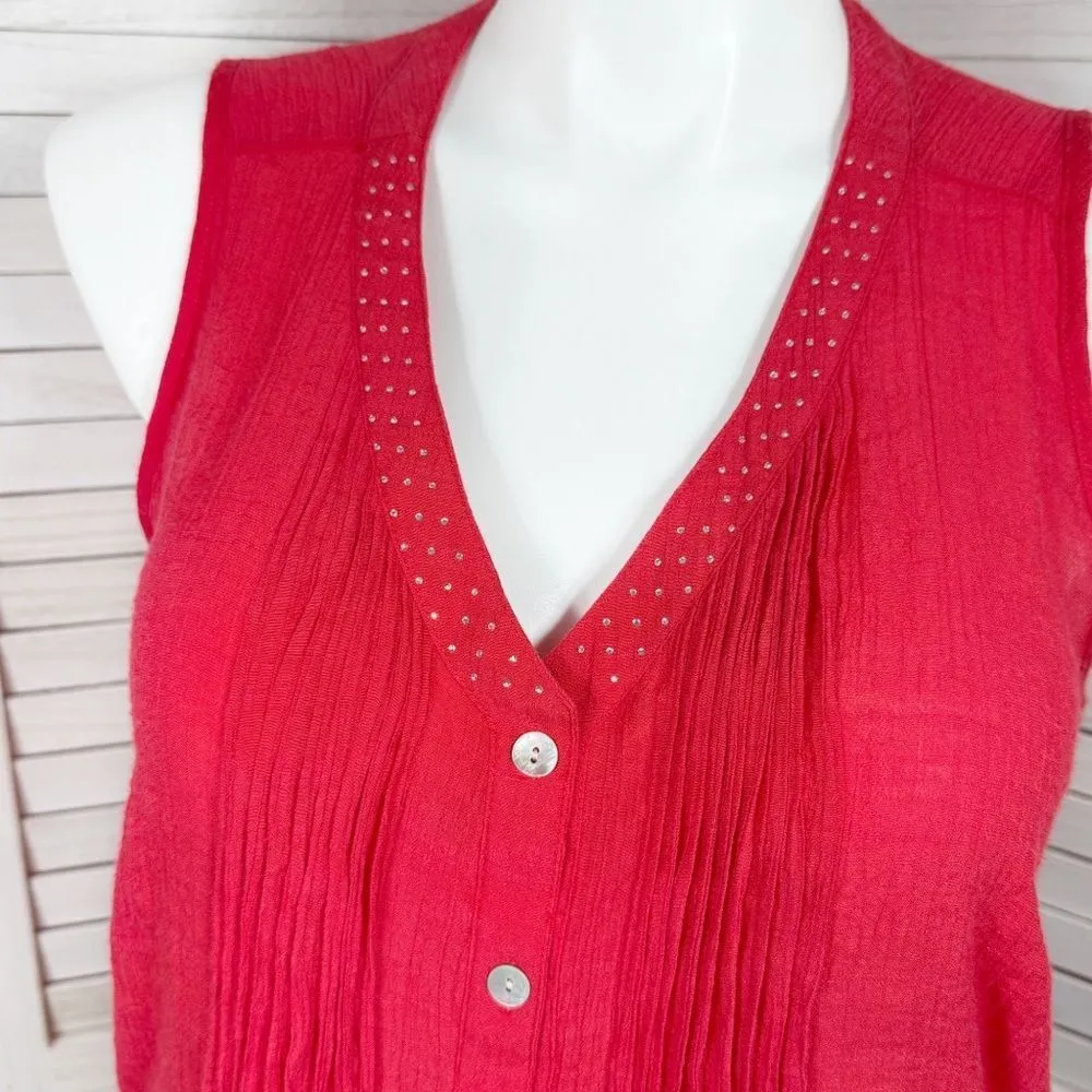 Elementz Rhinestone V Neck Pleated Button Up Tunic Tank‎ Top Red 1X - Image 5