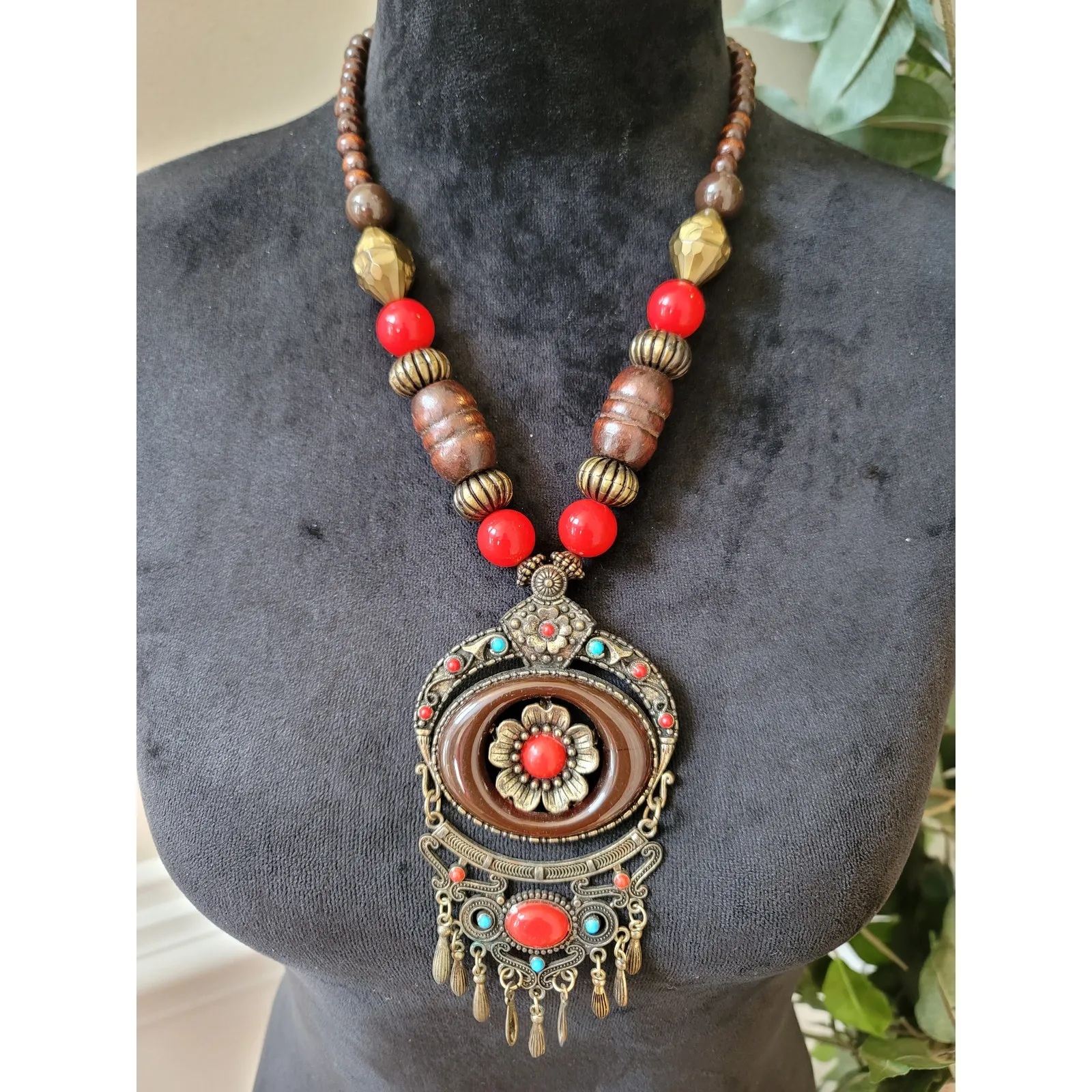 Women's Bohemian Antique Brass Statement Necklace With Lobster Clasp Red Beads - Image 2