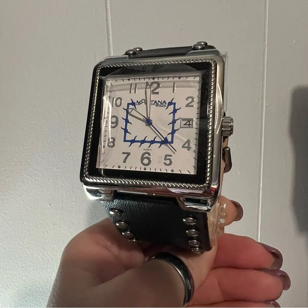 Montana Silversmiths black leather stud square face barbed wire wrist watch NIB - Image 2