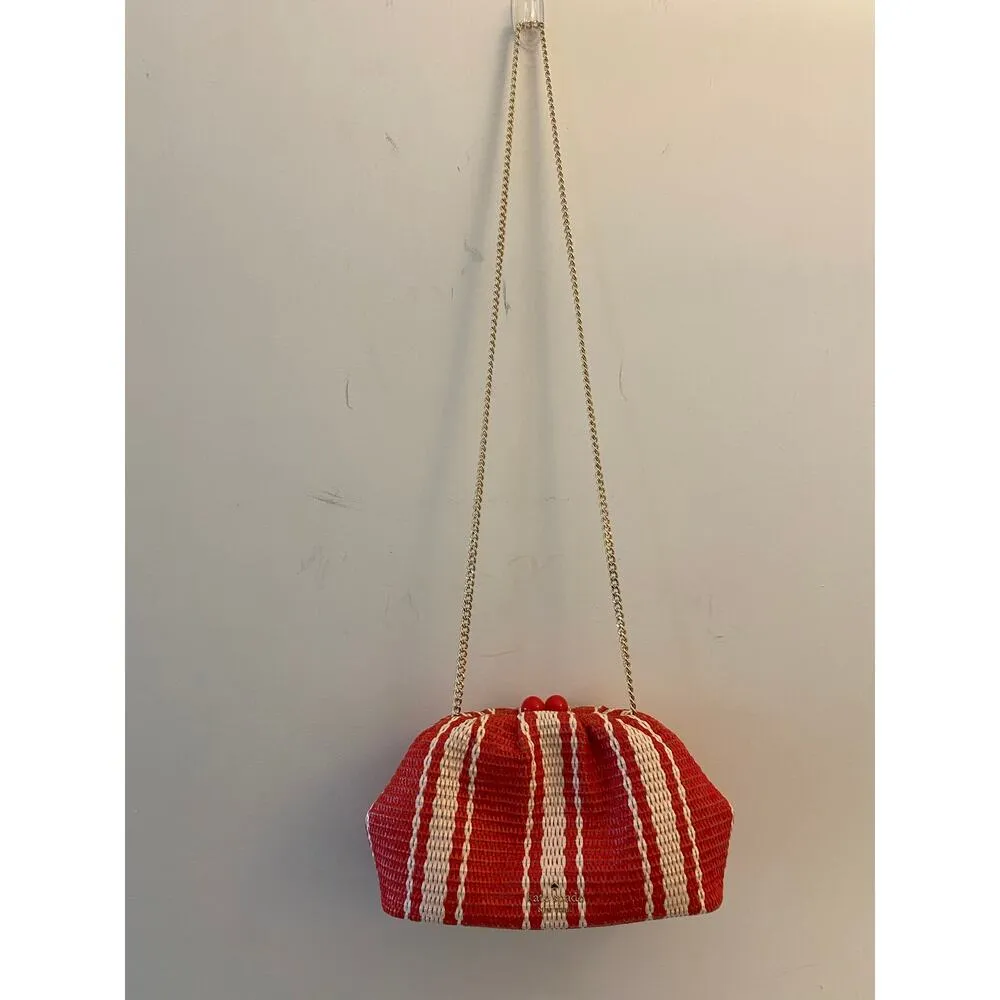 Kate Spade New Scrunchy Convertible Clutch Red Tan Wicker Rattan Striped Summer - Image 3