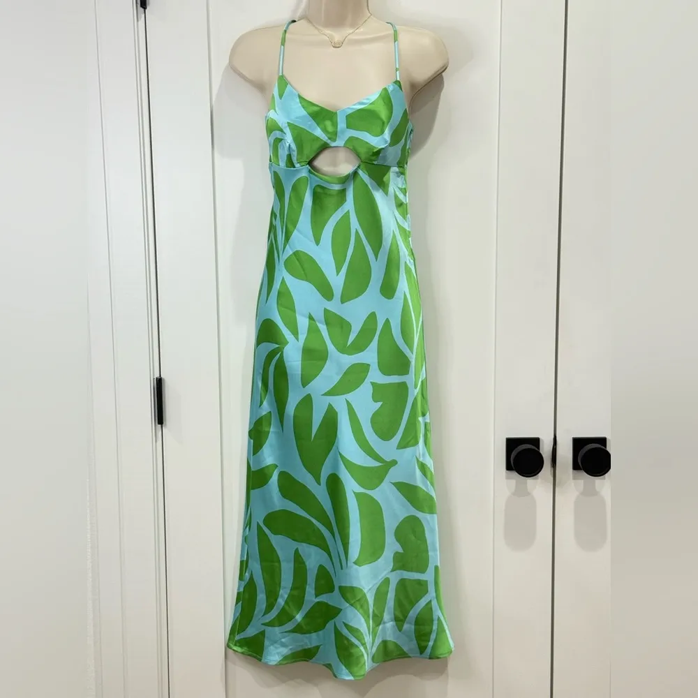 House Of Harlow 1960 Boho 70s Midi Dress Satin Green Blue Size XS New Chic Beach - Image 2