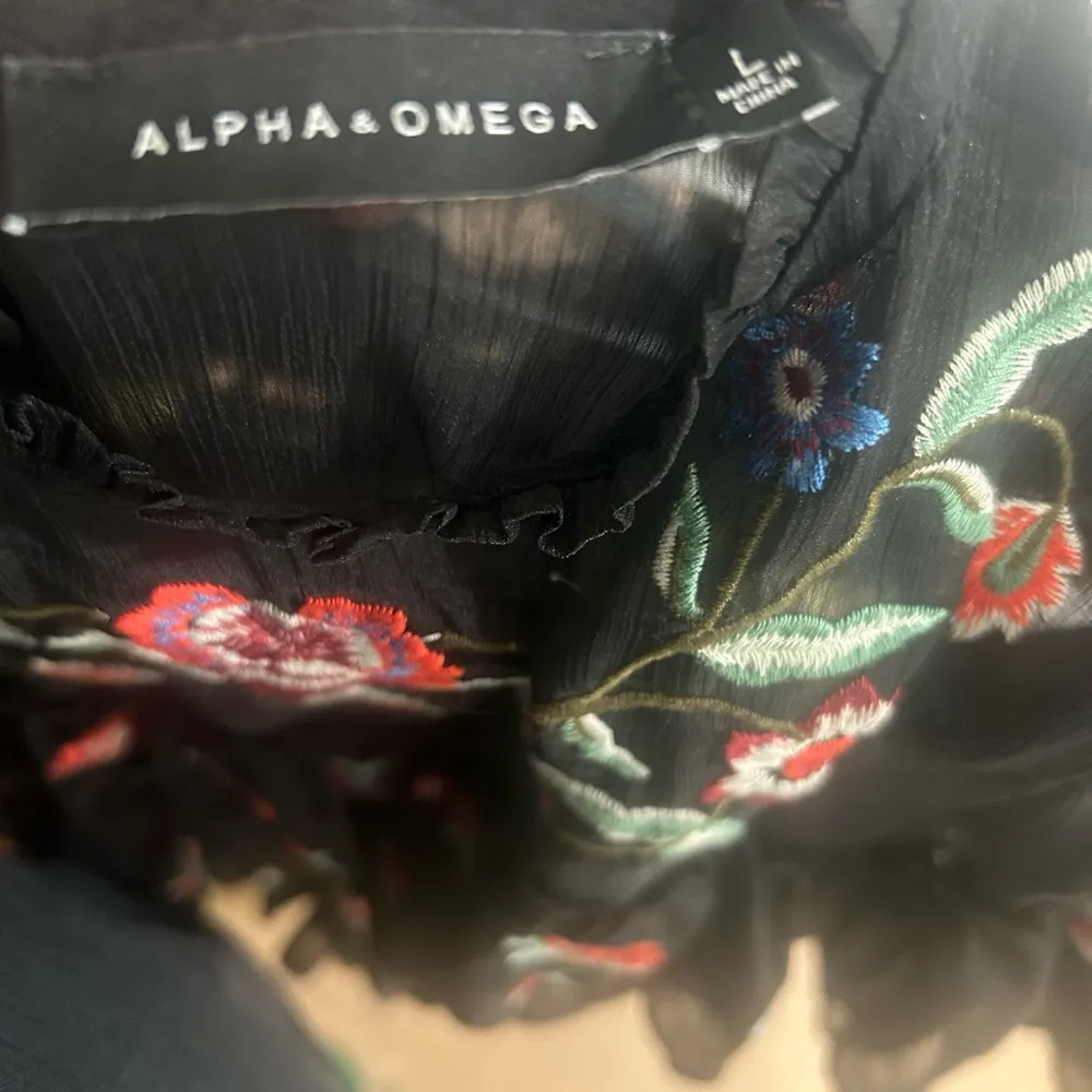 ALPHA & OMEGA Black Floral Embroidered Ruffled Chiffon Tier Babydoll Dress LARGE - Image 6