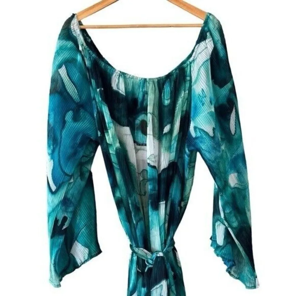 VILLA FRESCA Malia Off The Shoulder Micro Pleated Maxi Dress Blue Size 4X NEW - Image 12