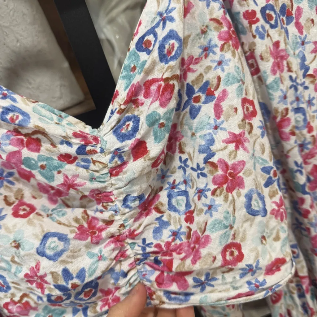 Zara linen cropped top tie open back floral bow puff sleeve balloon long ruched - Image 9