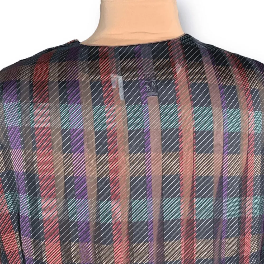 Vintage Notations Multicolor Plaid Blouse Satin Button Shoulder Long Sleeve Black Size 14 - Image 5