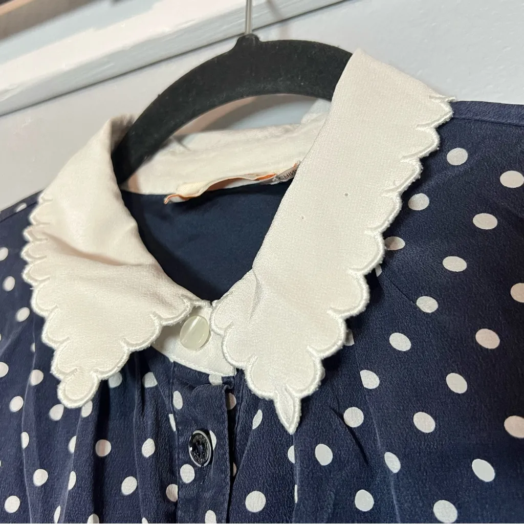 Tory Burch Cora Navy Blue Polka Dot Mini Dress Cream Scalloped Cuff Silk Size 4 - Image 11