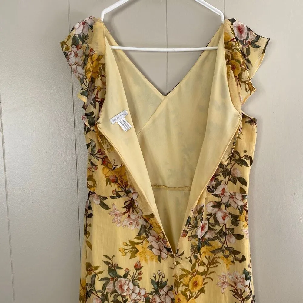 London Times Yellow Floral Midi Dress Size 12 V-Neck Ruffle Hem Spring Wedding G - Image 9