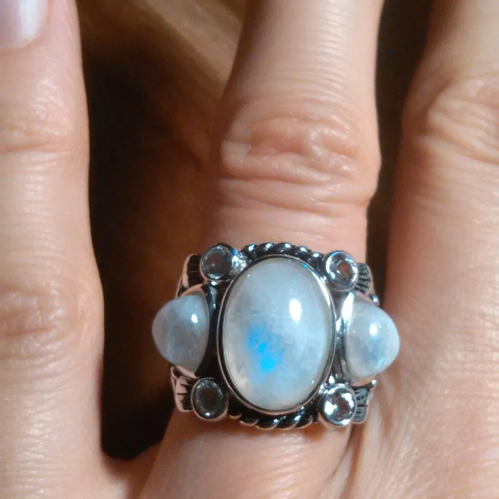 White Rainbow Moonstone Three Stone Sterling Silver Ring (Size 7) - Image 12