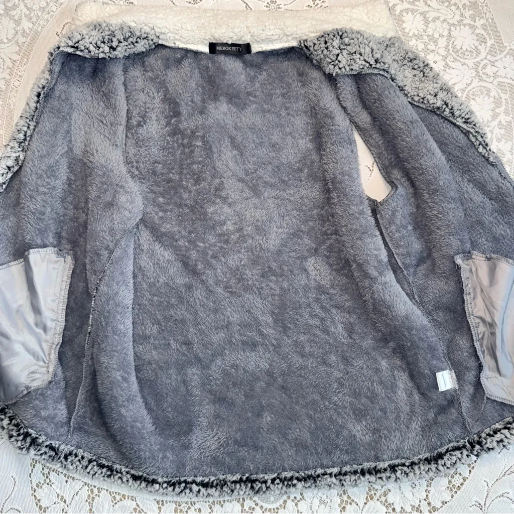 MEROKEETY Women's Gray Sherpa Fleece Zip Up Vest with pockets size XL - Image 4