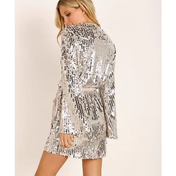 Show Me Your Mumu Silver Sequin Giselle Kimono Wrap Dress Size S - Image 4